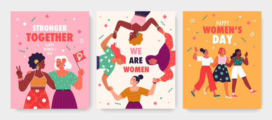 International Women's Day greeting cards collection. Vector illustration in trendy cartoon flat style of three banner concepts with happy diverse women holding hands, hugging, and walking together - obrazy, fototapety, plakaty