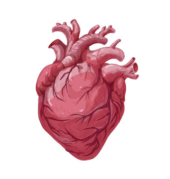 Realistic heart, real internal organ. Anatomical realism. Inner human body part with veins, aortas, detailed drawing in retro style. Anatomy hand-drawn vector illustration isolated on white background