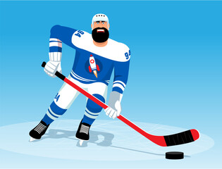 Hockey player in blue uniform. Cartoon hockey player. Vector illustration.