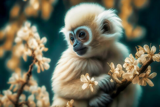 White-handed gibbon surrounded by colorful flora in a beautiful portrait, Generative AI.