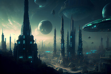Futuristic city in the night, planets and tall buildings, future architecture, generative ai
