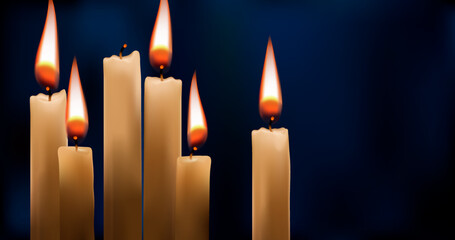 Vector realistic burning candles on a dark background illustration