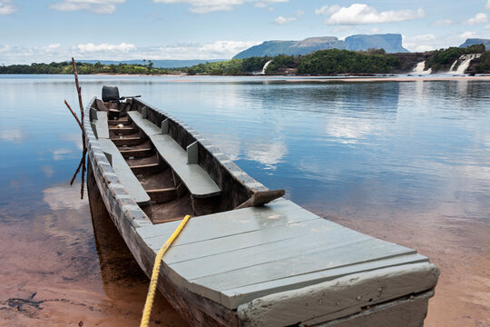 Typical Boat moored at Canaima Lagoon, Canaima National Park, Venezuela