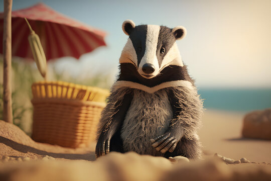 Portrait d'un blaireau en vacances &agrave; la mer &raquo; IA g&eacute;n&eacute;rative