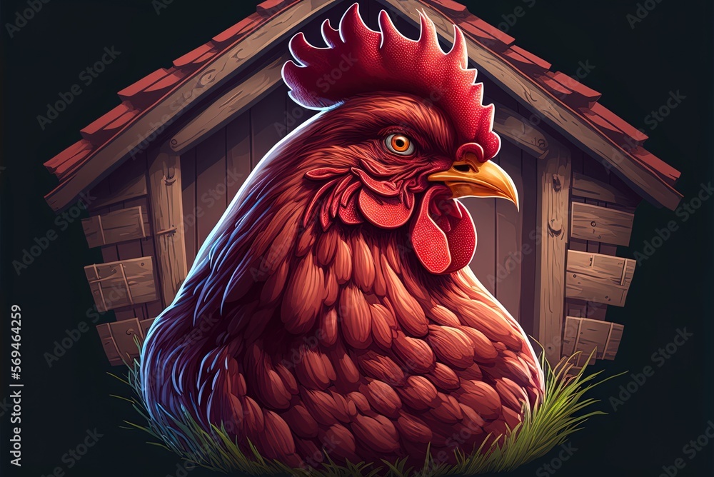 Poster chicken coop with a red hen in it as a portrait. generative ai