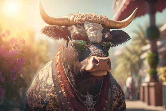 Portrait d'un taureau en vacances &agrave; la mer &raquo; IA g&eacute;n&eacute;rative