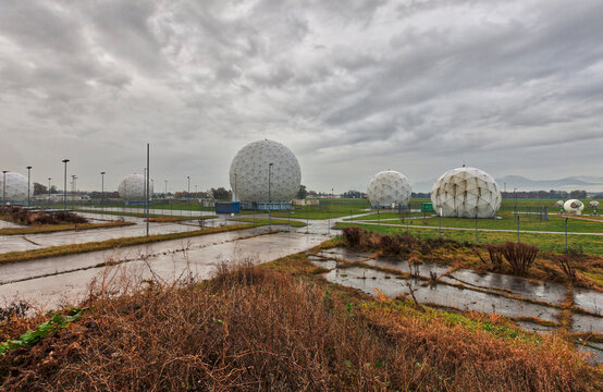 Radar Dome against cloudy sky at Bad Aibling Station, Bavaria, Germany