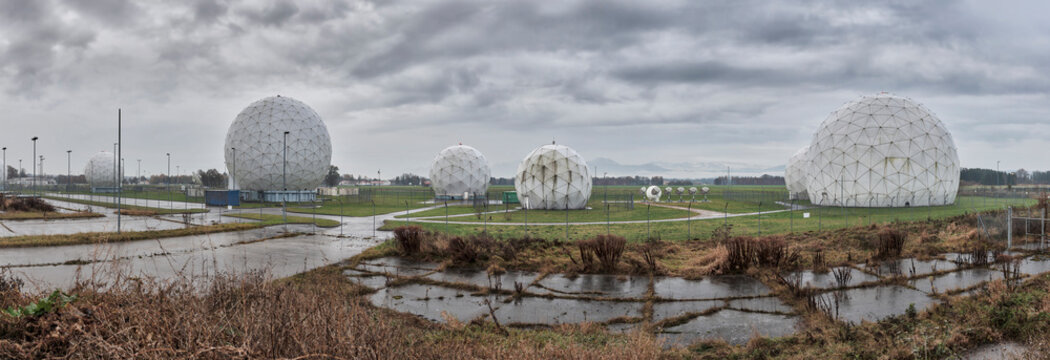 Radar Dome against cloudy sky at Bad Aibling Station, Bavaria, Germany