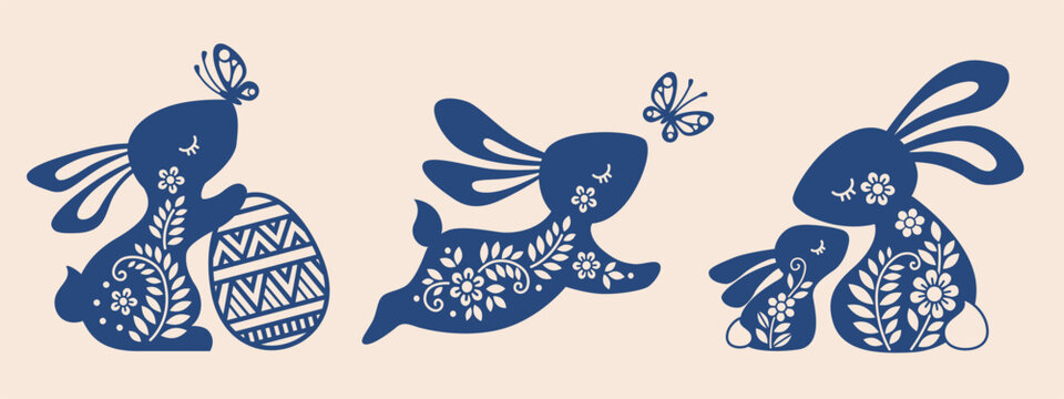 Set of ornate easter bunny's. Vector illustration hare, bunny, rabbit and butterfly. Silhouette of cute bunny with Easter egg, butterfly for laser cut or card