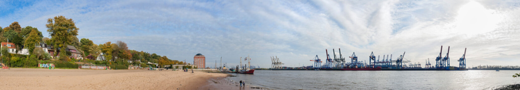 Panoramic view of harbor and bank of River Elbe