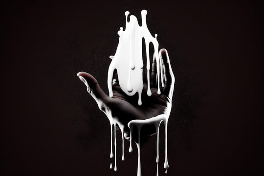Mano humana cubierta de pintura, goteando pintura fluida, generative ai.