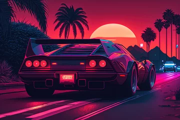 Zelfklevend Fotobehang Synthwave retro scene with vintage 80s car driving on a street in a cyberpunk futuristic los angeles city. Glow wave style generated with generative AI © JohnnySamurai