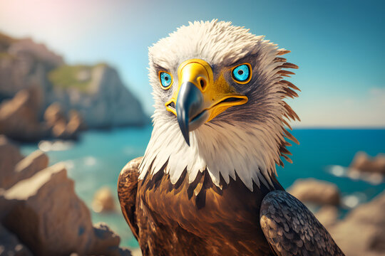 Portrait d'un aigle en vacances &agrave; la mer &raquo; IA g&eacute;n&eacute;rative
