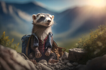 Obraz premium Portrait d'un furet en vacances à la montagne » IA générative