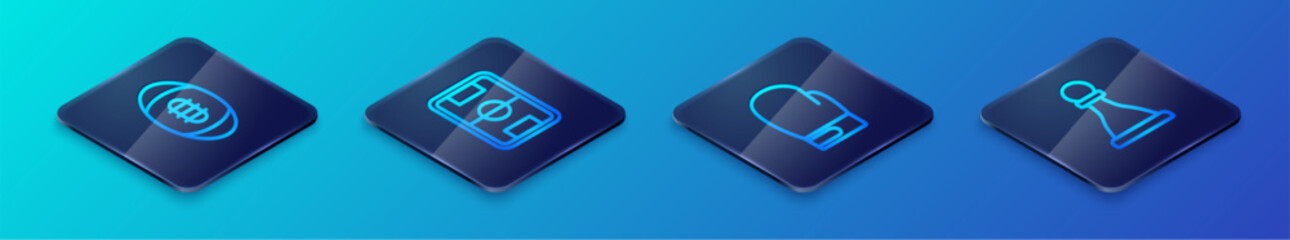 Set Isometric line Boxing glove, American Football ball, Chess and field icon. Vector