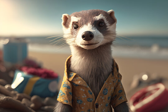 Portrait d'un furet en vacances &agrave; la mer &raquo; IA g&eacute;n&eacute;rative