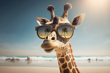 Portrait d'une girafe en vacances à la mer » IA générative - obrazy, fototapety, plakaty