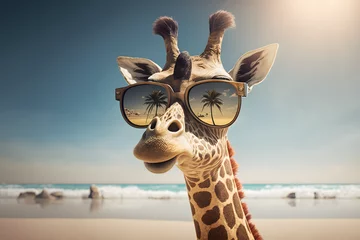 Gordijnen Portrait d'une girafe en vacances à la mer » IA générative © Maelgoa