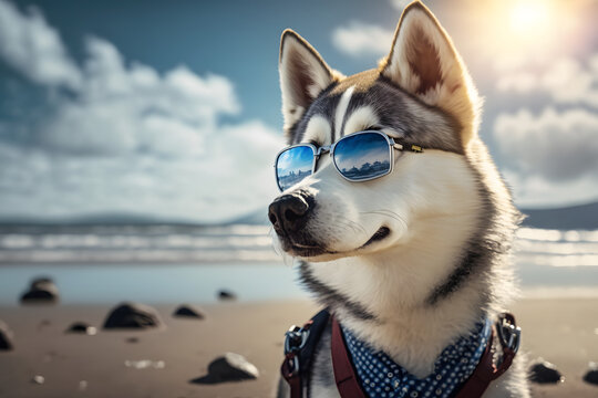 Portrait d'un chien husky en vacances &agrave; la mer &raquo; IA g&eacute;n&eacute;rative