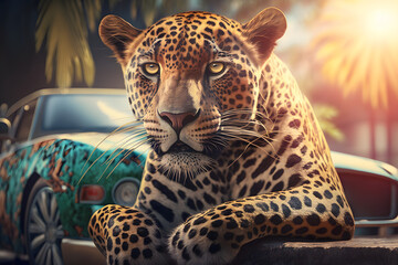 Portrait d'un jaguar en vacances à la mer » IA générative