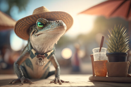 Portrait d'un l&eacute;zard en vacances &agrave; la mer &raquo; IA g&eacute;n&eacute;rative