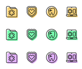 Set line Tooth with caries, Medical health record folder, Immune system and Clinical on laptop icon. Vector