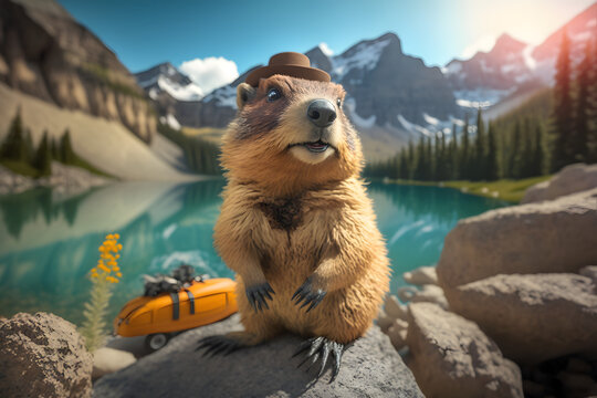 Portrait d'une marmotte en vacances &agrave; la montagne &raquo; IA g&eacute;n&eacute;rative