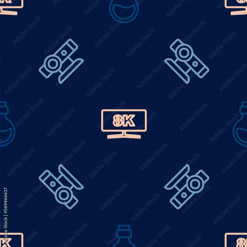 Poster set line bottle with magic elixir, web camera and computer monitor on seamless pattern. vector