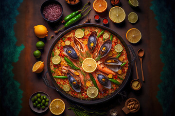 Paella national spanish dish with seafood in frying pan on wooden table food illustration still life ai generated - Powered by Adobe