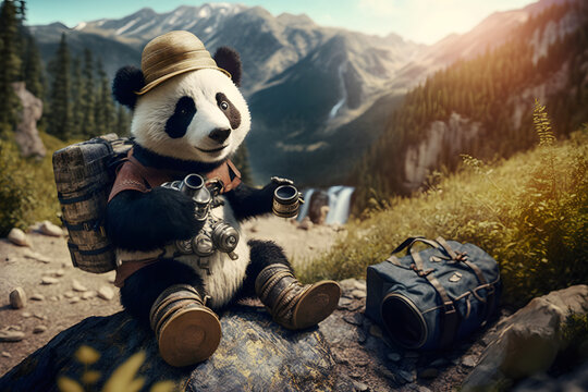 Portrait d'un panda en vacances à la montagne » IA générative