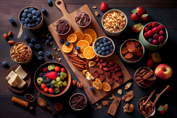 Obraz na płótnie Canvas Display of various fruits and healthy nuts, generative art