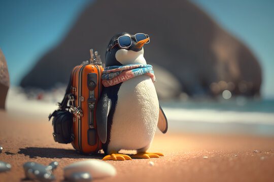 Portrait d'un pingouin en vacances &agrave; la mer &raquo; IA g&eacute;n&eacute;rative