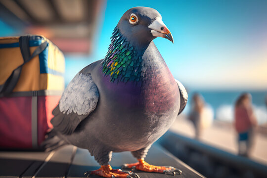 Portrait d'un pigeon en vacances &agrave; la mer &raquo; IA g&eacute;n&eacute;rative