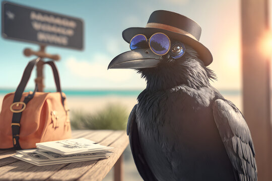 Portrait d'un corbeau en vacances &agrave; la mer &raquo; IA g&eacute;n&eacute;rative