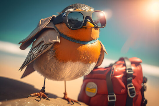 Portrait d'un rouge-gorge en vacances &agrave; la mer &raquo; IA g&eacute;n&eacute;rative