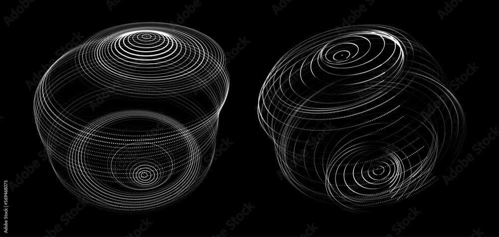 Poster set of abstract spheres from points on a black background. network connection structure. big data vi