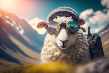 Portrait d'un mouton en vacances à la montagne » IA générative - obrazy, fototapety, plakaty