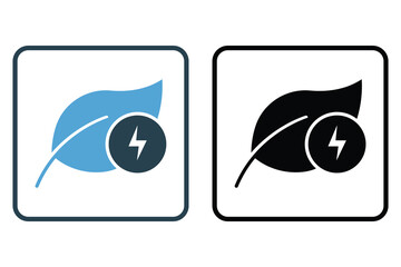 Green energy icon illustration. Leaf icon with electricity. icon related to ecology, renewable energy. Solid icon style. Simple vector design editable