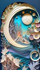 illustration of a magical futuristic paper quilling art