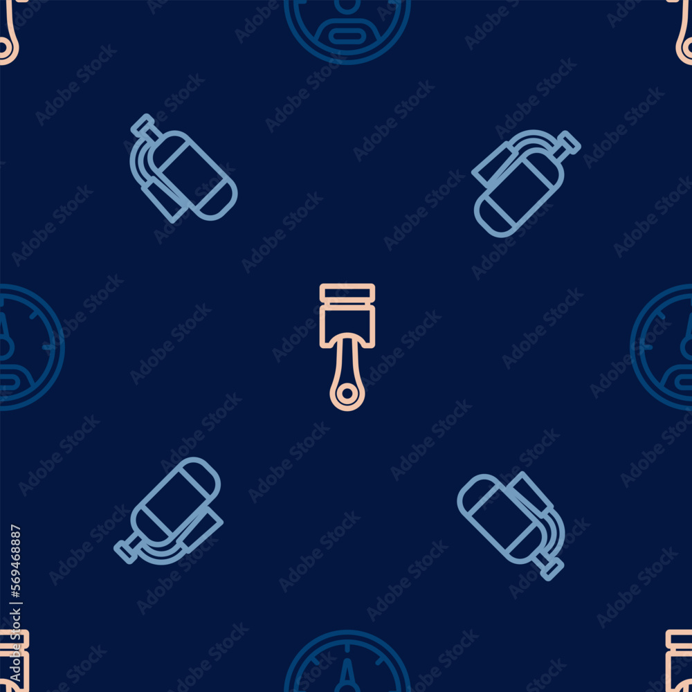 Poster set line speedometer, fire extinguisher and engine piston on seamless pattern. vector
