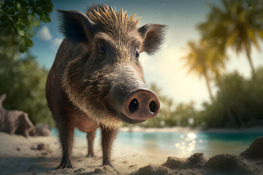 Portrait d'un sanglier en vacances &agrave; la mer &raquo; IA g&eacute;n&eacute;rative