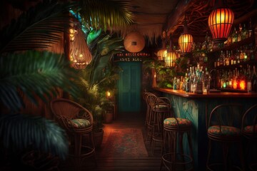 Fototapeta na wymiar Atmospheric tiki bar interior in Hawaii , jungle stlye with turquoise details 