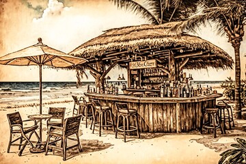 Tropical vibe beach bar with bamboo and rattan, drawing style 