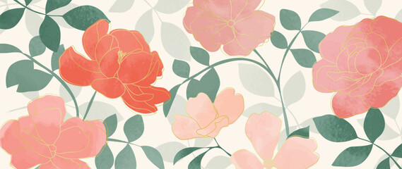 Abstract floral art background vector. Hand painted watercolor botanical spring flowers and gold line art texture. Art design illustration for wallpaper, poster, banner card, print, web and packaging