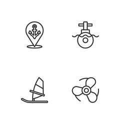 Set line Boat propeller, Windsurfing, Location with anchor and Submarine icon. Vector