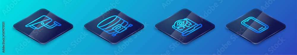 Poster set isometric line computer vision, security camera, mobile phone and cloud database icon. vector