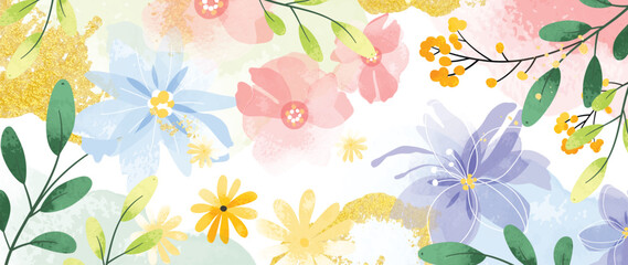Abstract floral art background vector. Hand painted watercolor botanical spring flowers gold brush stroke texture. Art design illustration for wallpaper, poster, banner card, print, web and packaging