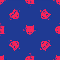 Red Comedy theatrical mask icon isolated seamless pattern on blue background. Vector