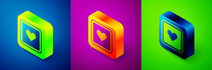 Isometric Like heart icon isolated on blue, purple and green background. Counter Notification Icon. Follower Insta. Square button. Vector