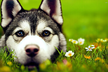 siberian puppy in grass with flowers 